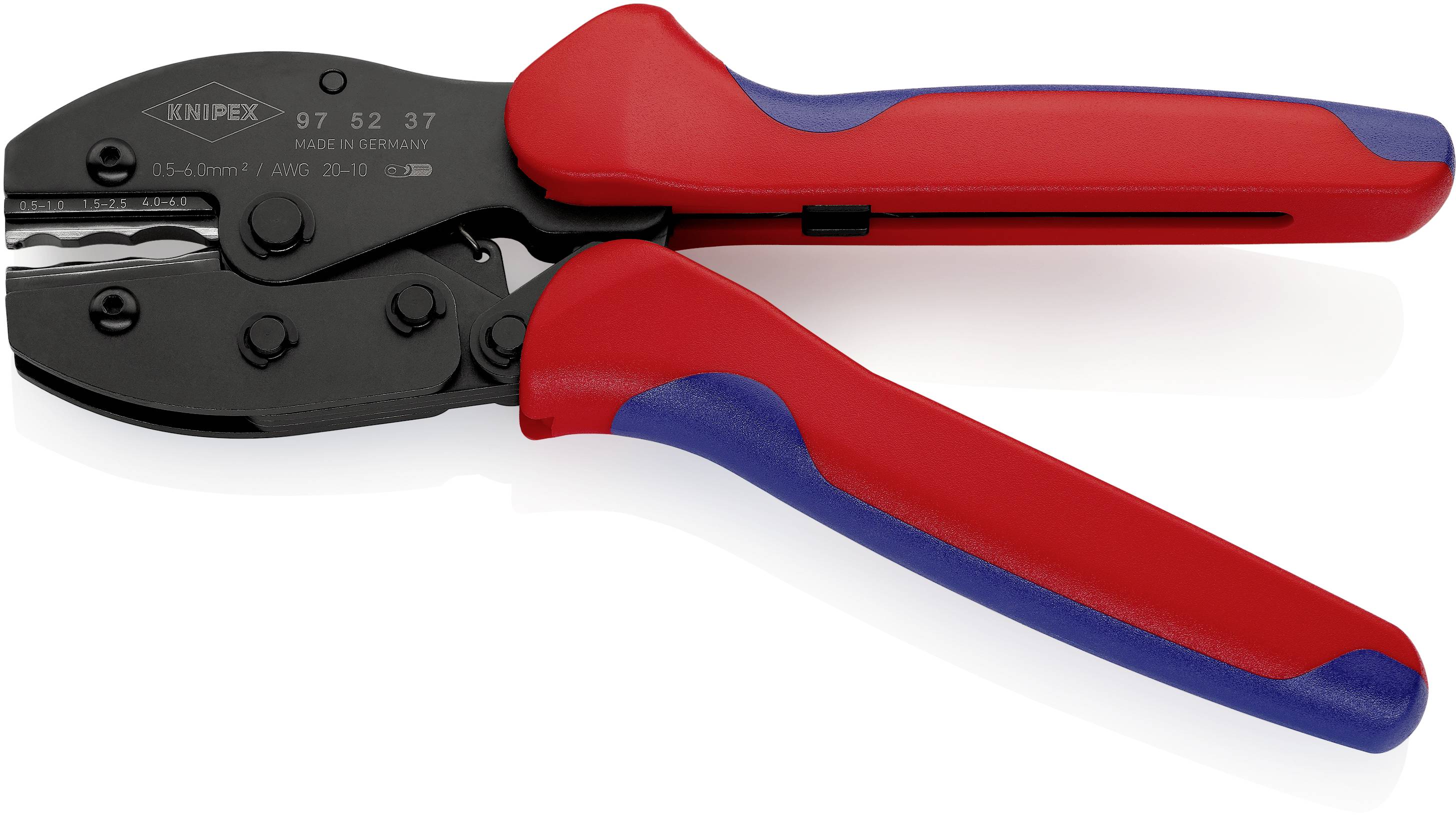 A red and blue crimping pliers with a black head, suitable for crimping cable lugs and connectors; Model number 97 52 37.