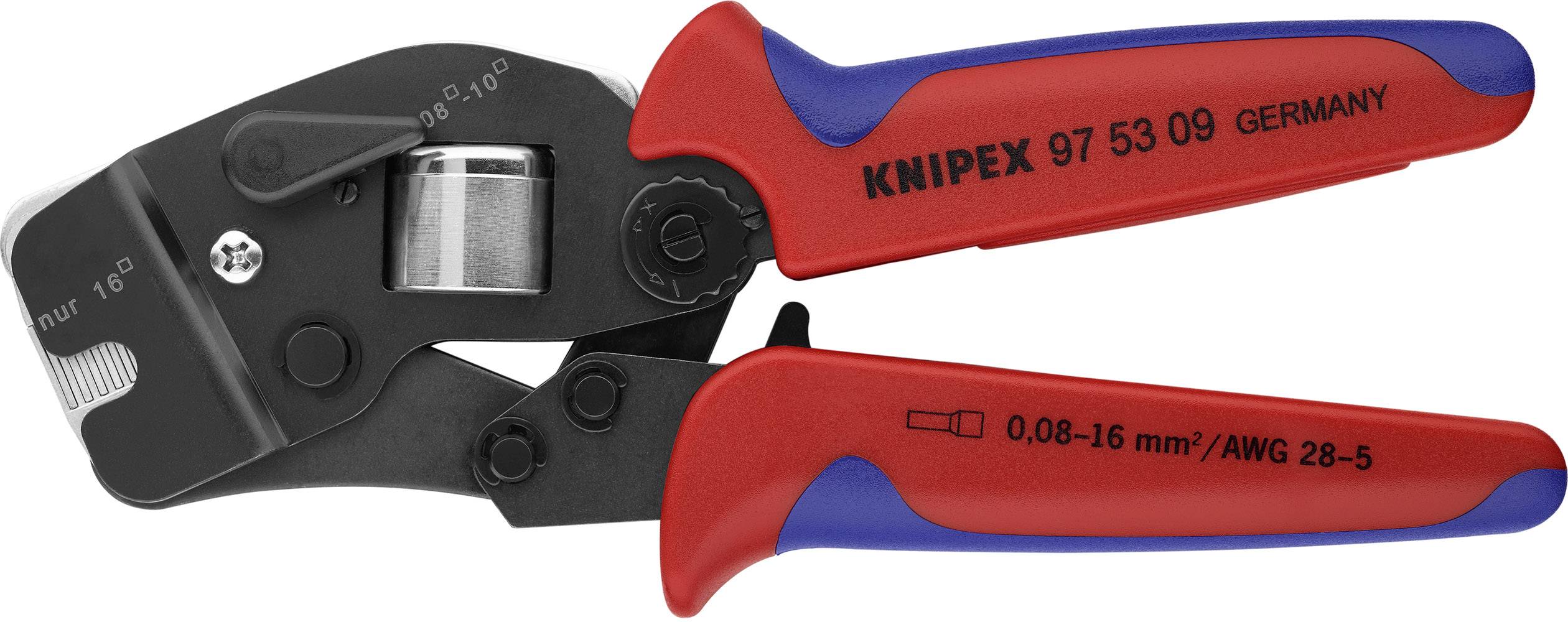 Crimping pliers by Knipex, red-blue, for cable end sleeves from 0.08 to 16 mm²; black mechanism with scale.