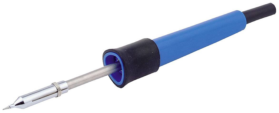 A blue soldering iron with a black grip zone and a silver tip. Ideal for soldering electronic components.