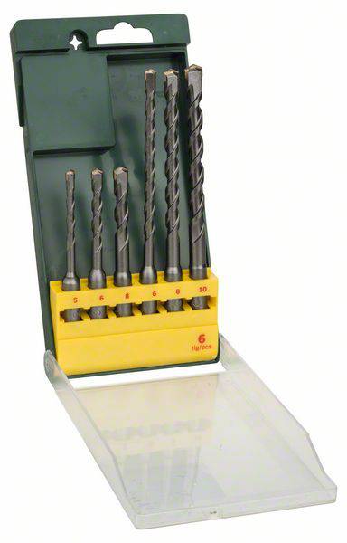 Drill set with five metal drill bits in various sizes (5, 6, 8, 10, 12). Opened in a green box with yellow insert.