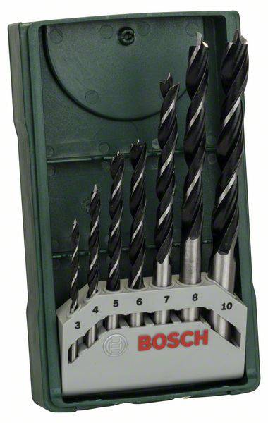 A set of six drill bits of varying sizes in a green plastic case, with the 'Bosch' label underneath.