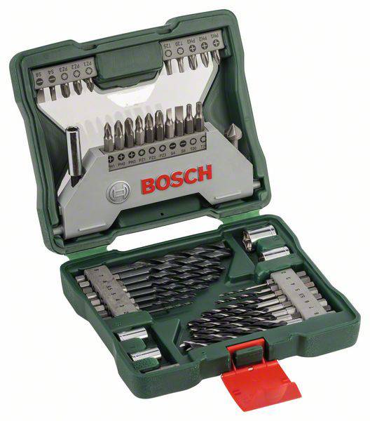 Images of a green plastic toolcase with a drill and bit set. At the top are various bits, underneath are drills in different sizes.