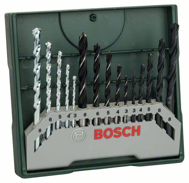 Bosch drill bit set with metal and wood drill bits in various sizes, neatly arranged in a holder.