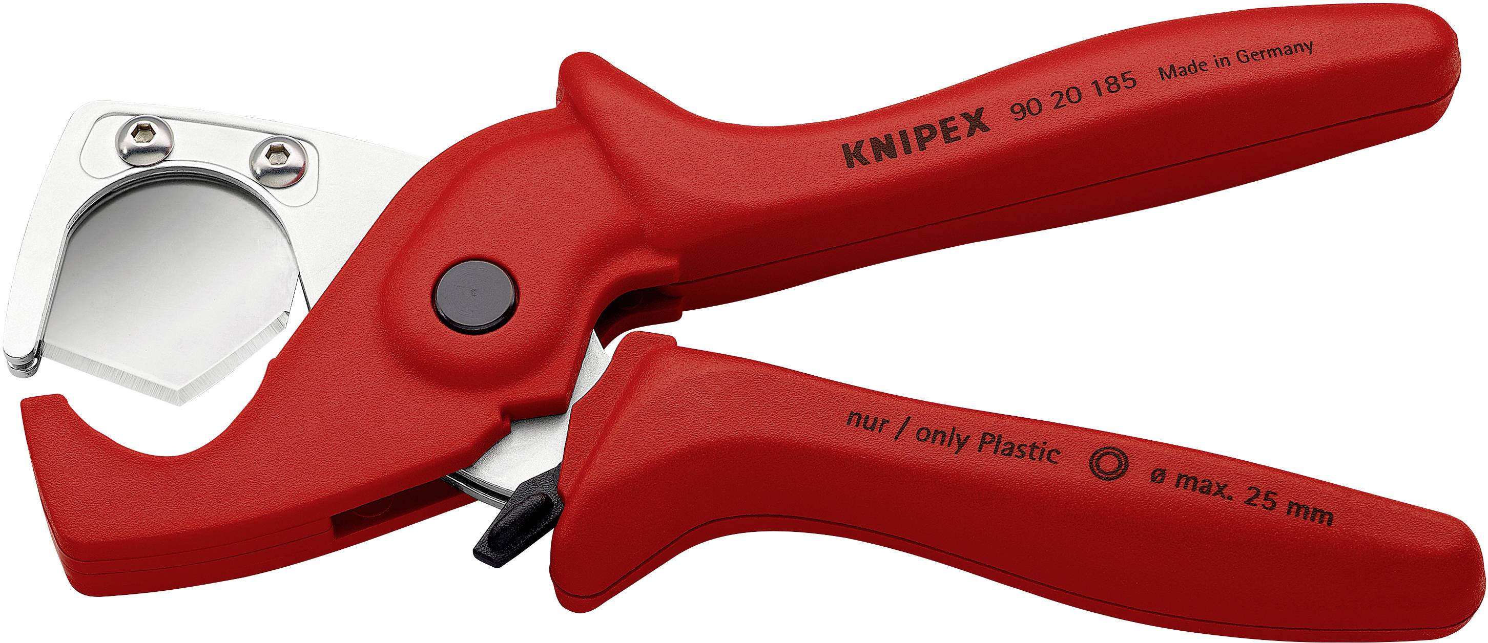 Red plastic pipe cutter with the inscription 'nur / only Plastic'. Suitable for pipes up to 25 mm in diameter. Manufactured in Germany.