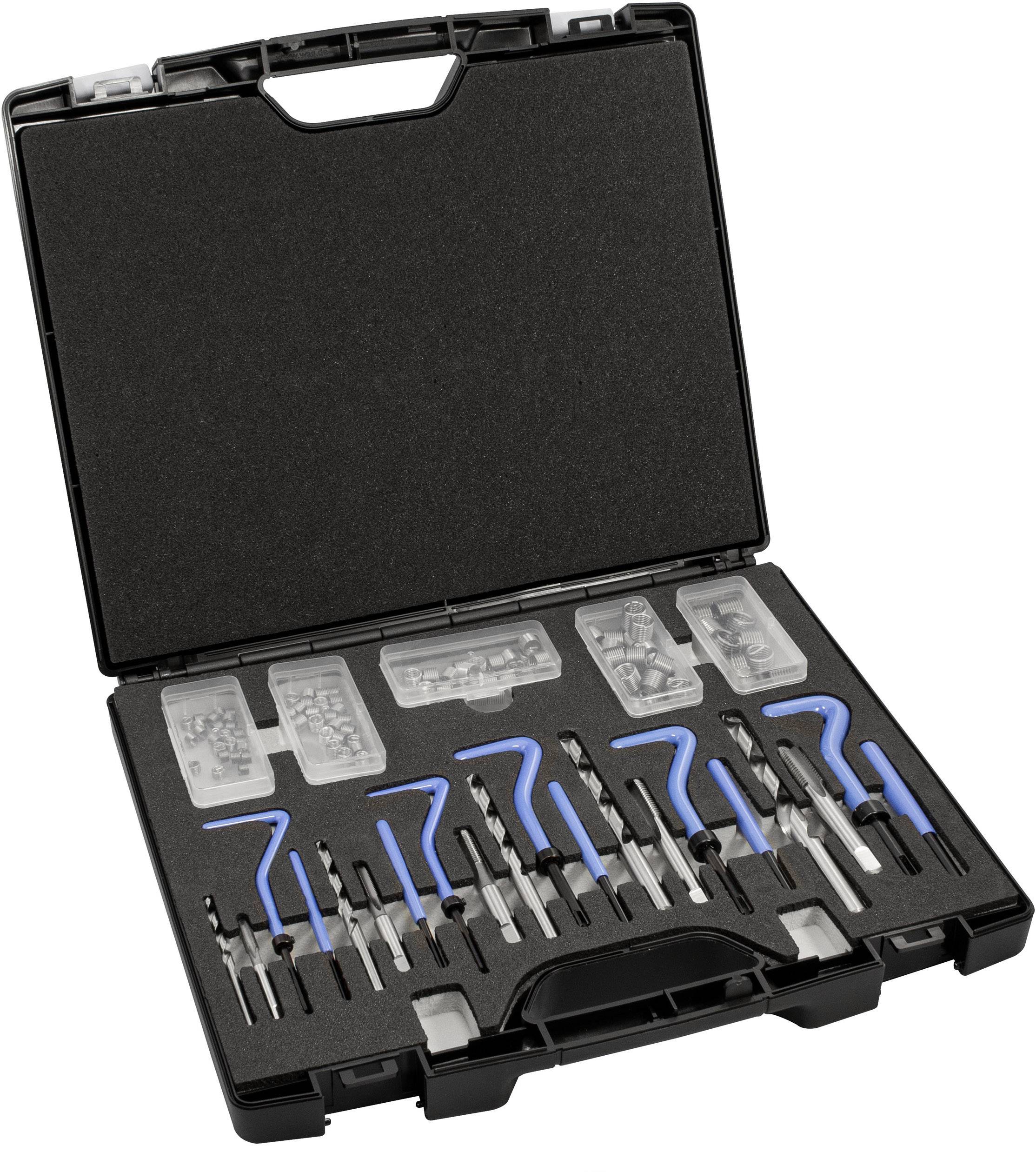 An open black toolbox with various drill bits and tools neatly arranged in foam inserts.
