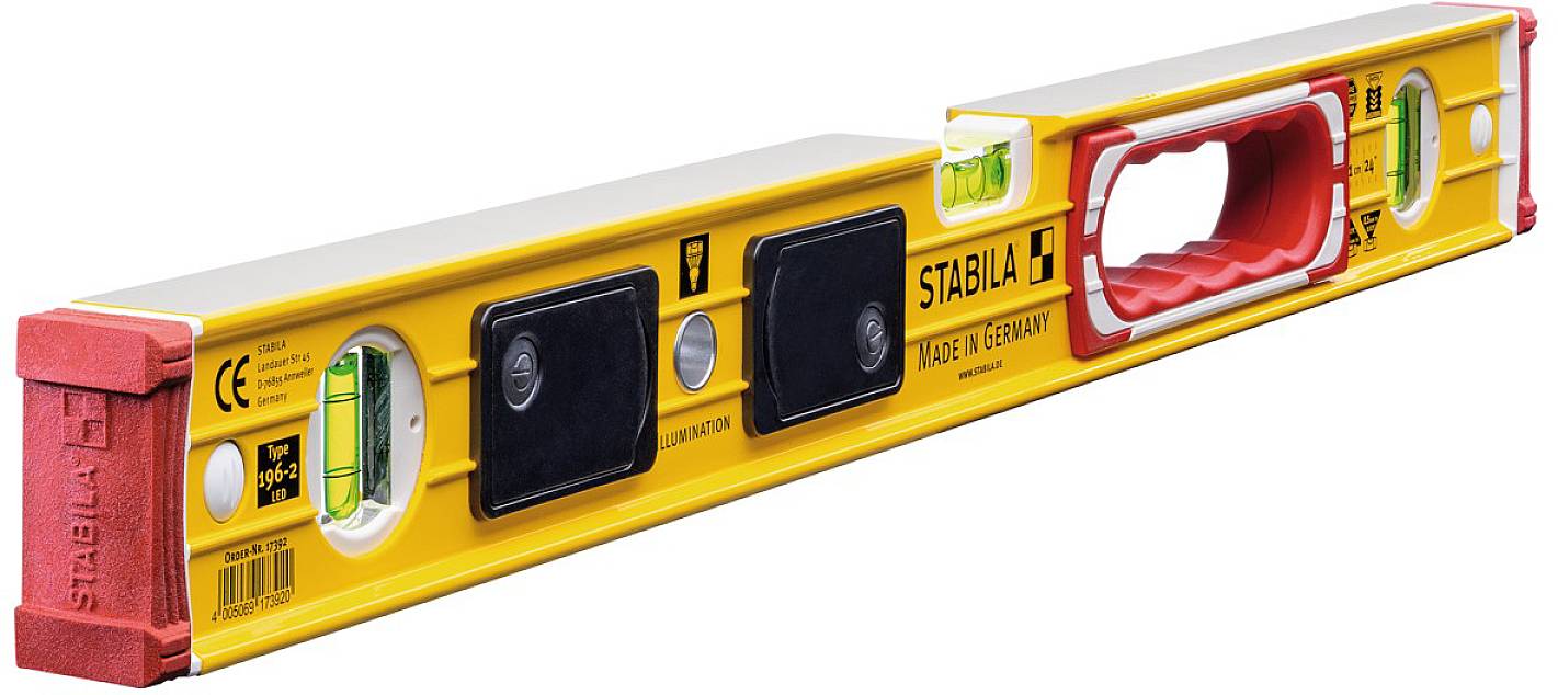 Spirit level with a yellow casing and red ends. Contains multiple spirit bubbles for horizontal and vertical alignment.