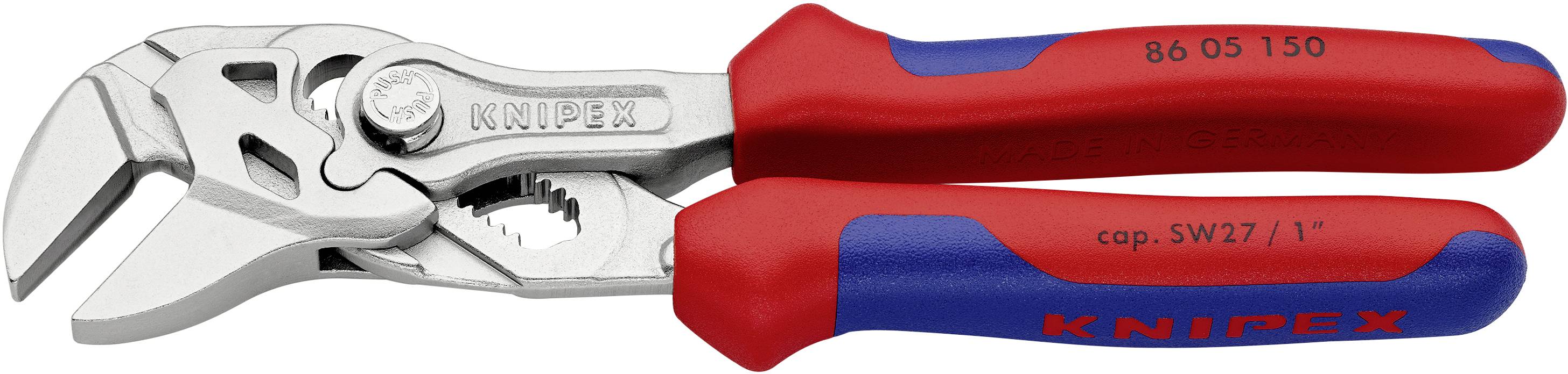Combination pliers with red and blue handles, showing the 'Knipex' brand. They are made of metal and suitable for various tasks.