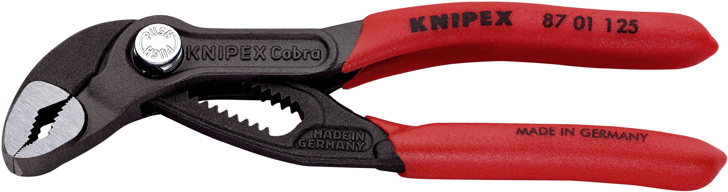 Red KNIPEX water pump pliers with a black head, inscription 'MADE IN GERMANY'.