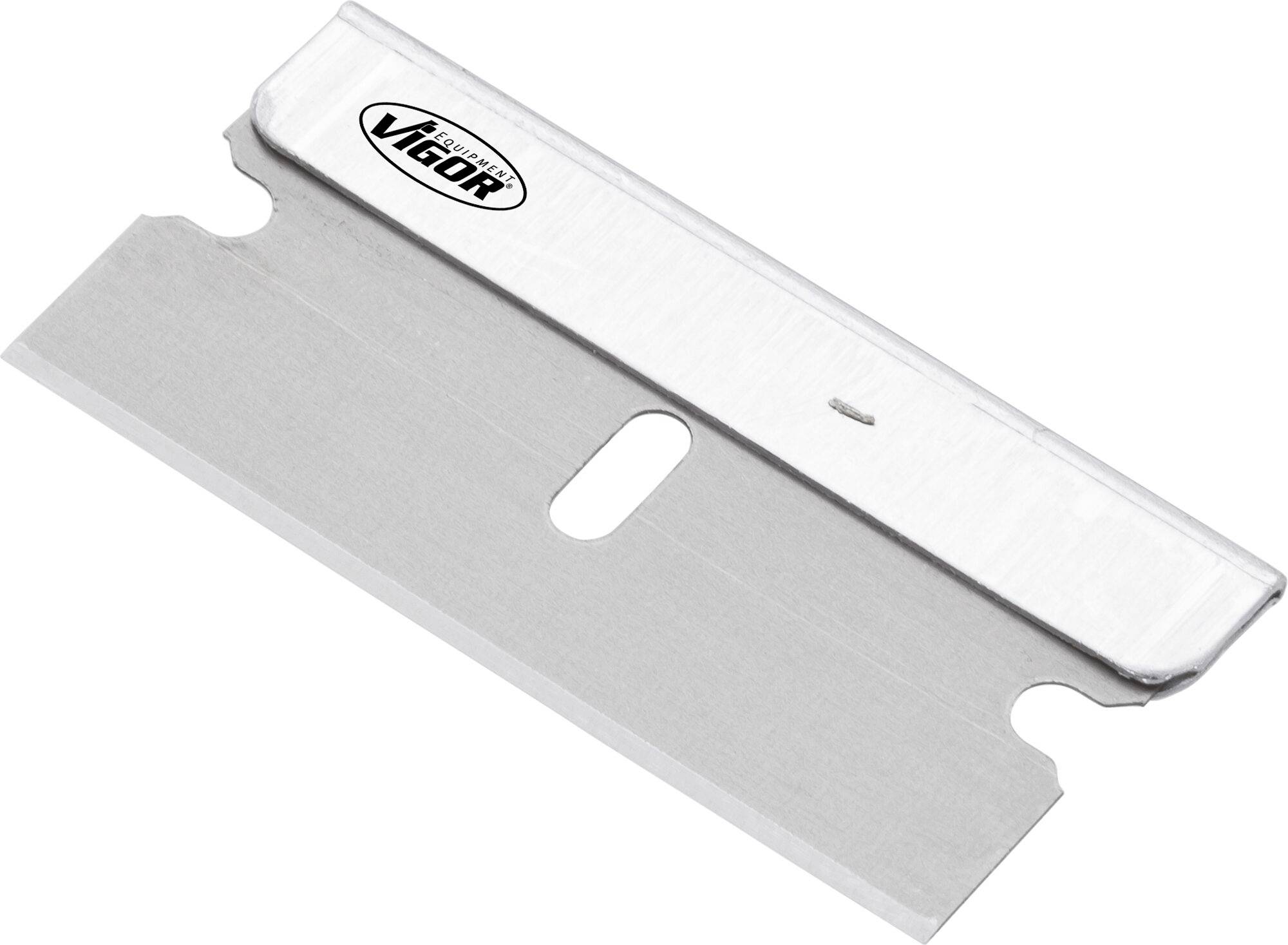 A silver disposable razor blade with a central hole and rounded corners lies on a white background.