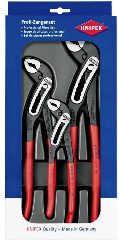 'Three red gripping pliers in various sizes in a blue and white Knipex packaging, with the inscription 