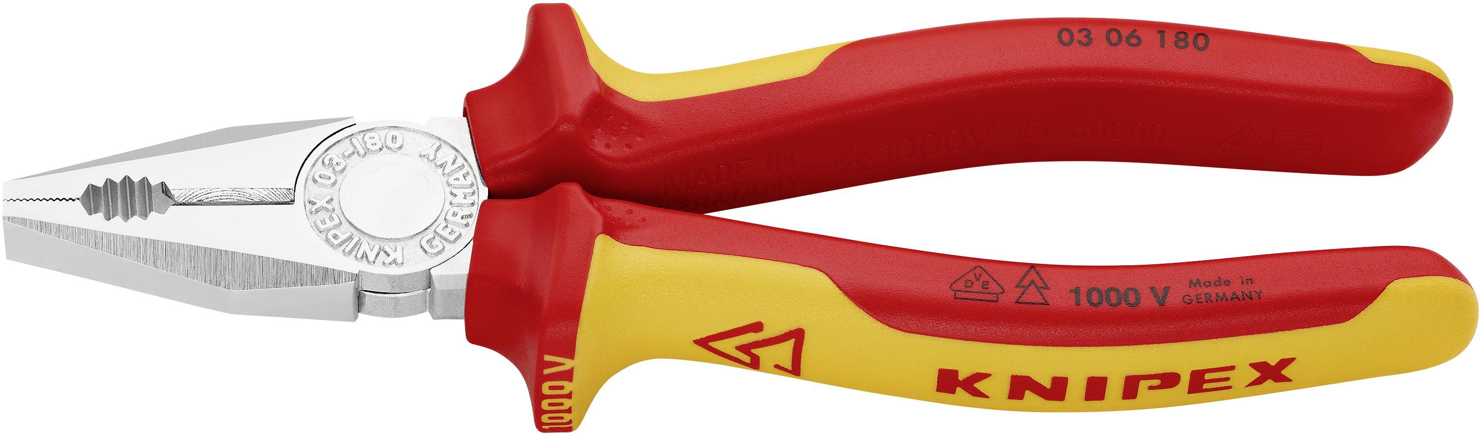 Red and yellow KNIPEX combination pliers, insulated for work up to 1000 V, inscription 'Made in Germany'.