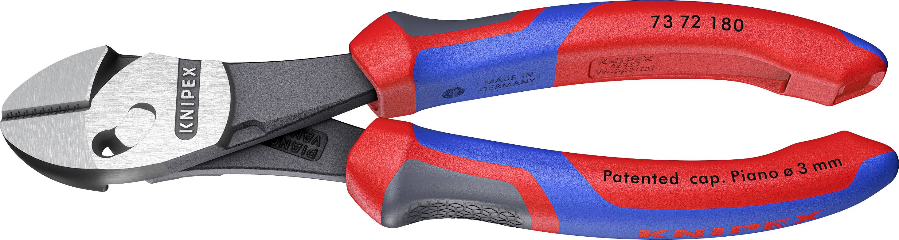 Knipex diagonal cutters with red and blue handles, labeled for cutting piano wire up to 3mm.