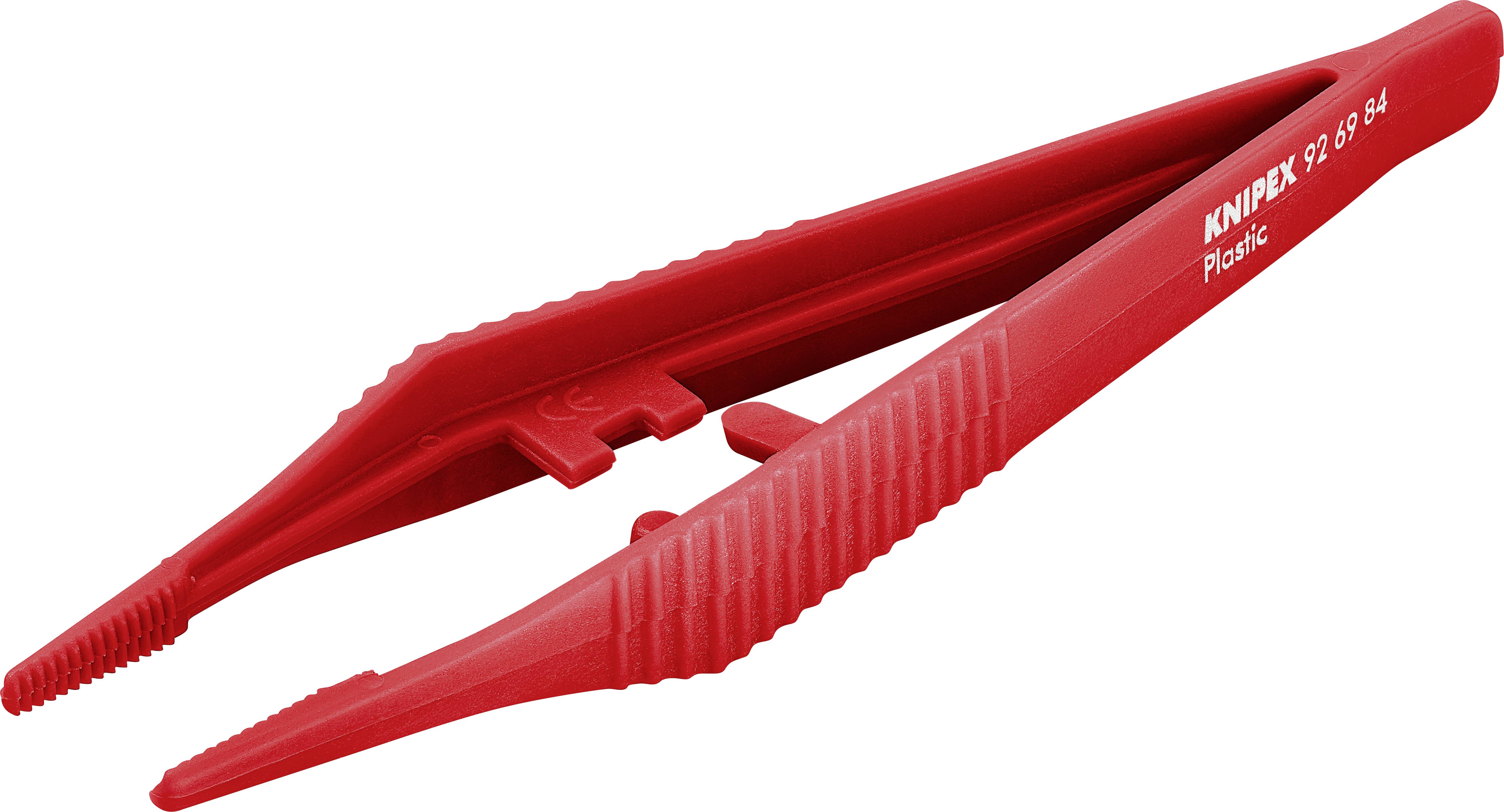 Red plastic tweezers with serrated ends for precise gripping of small objects. Suitable for various applications in crafts and medicine.