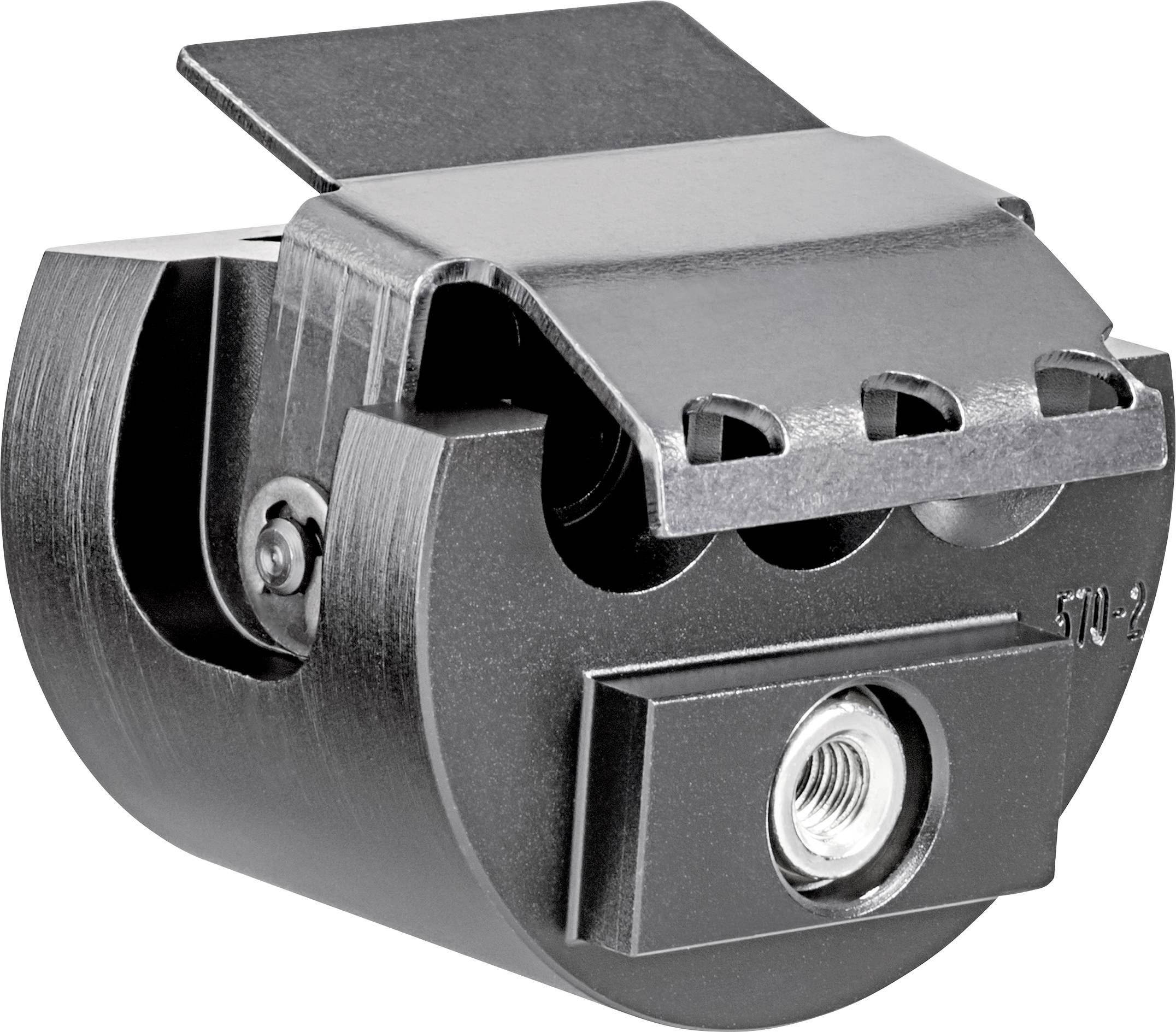 Black metallic roll holder with a screw opening and an upper cover that is partially raised.
