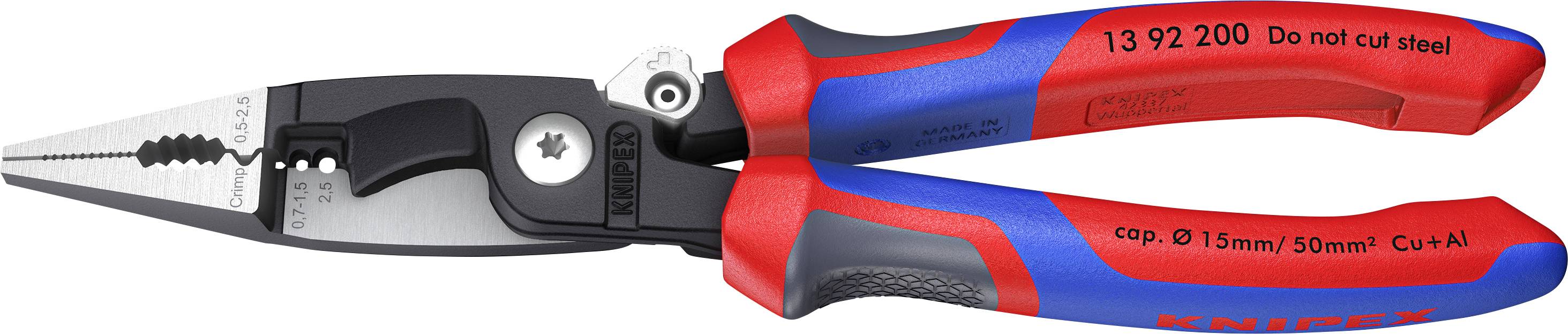 A pair of insulated multi-component pliers with a cutting edge, shown from the side, displaying red and blue ergonomic handles.