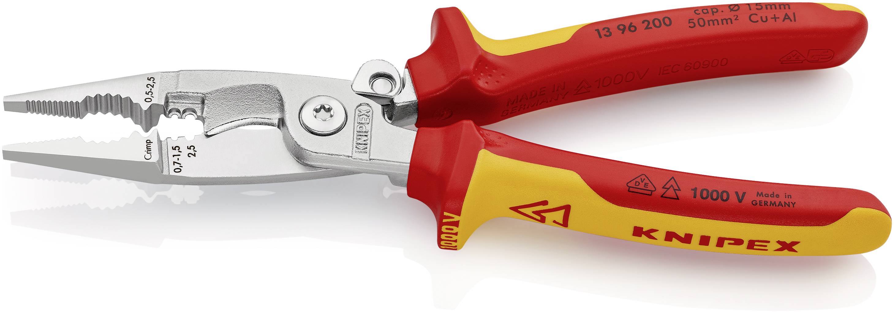 A red and yellow combination pliers by Knipex with insulated handles, suitable for work up to 1000V, with 'Made in Germany' embossing.