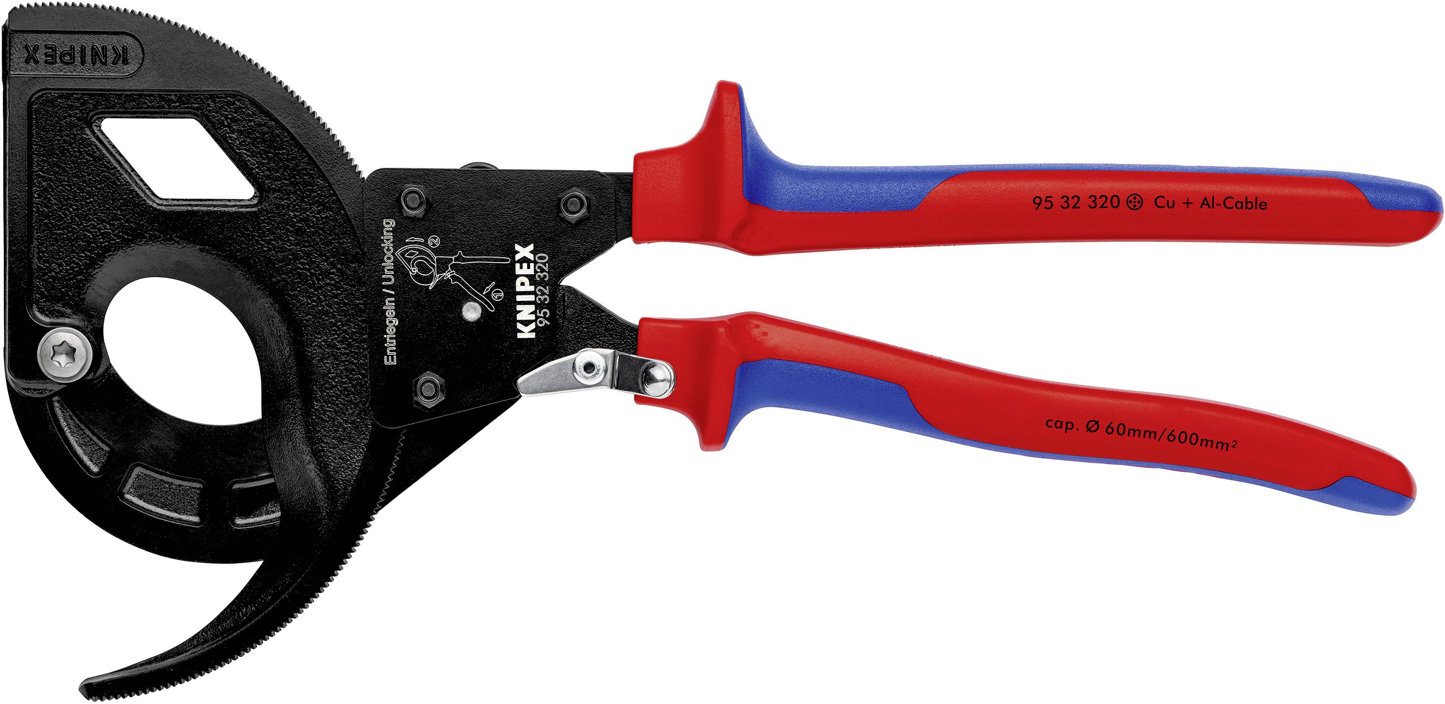 Knipex 95 32 320 Ratcheting cable cutter Suitable for (cable stripping) Single/multi-core aluminium and copper cables 60 mm 600
