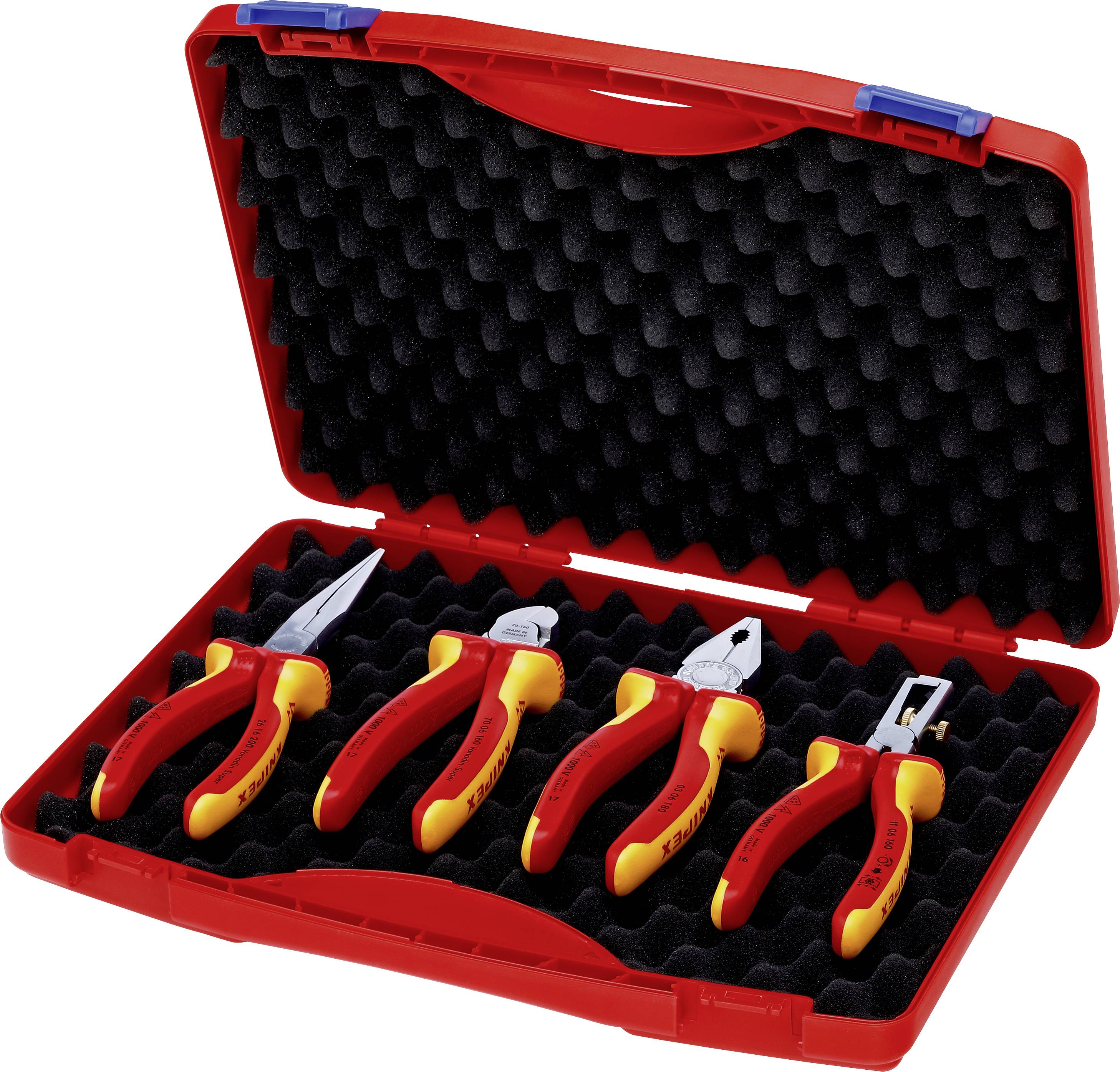 A red open toolbox with five insulated pliers, neatly organised in a foam insert.