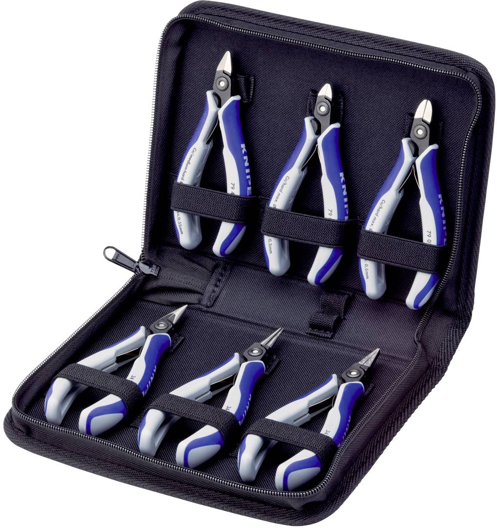 A case with six blue hand tools, securely fastened in loops. Each tool handle is designed in blue and grey.