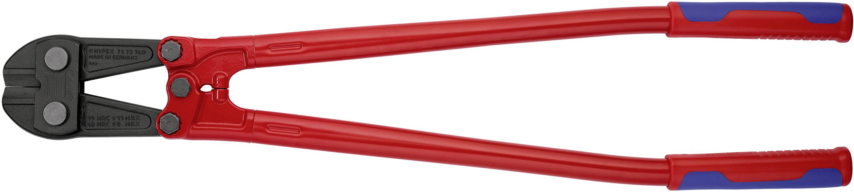 Red bolt cutters with black jaws and blue handle ends on a white background.