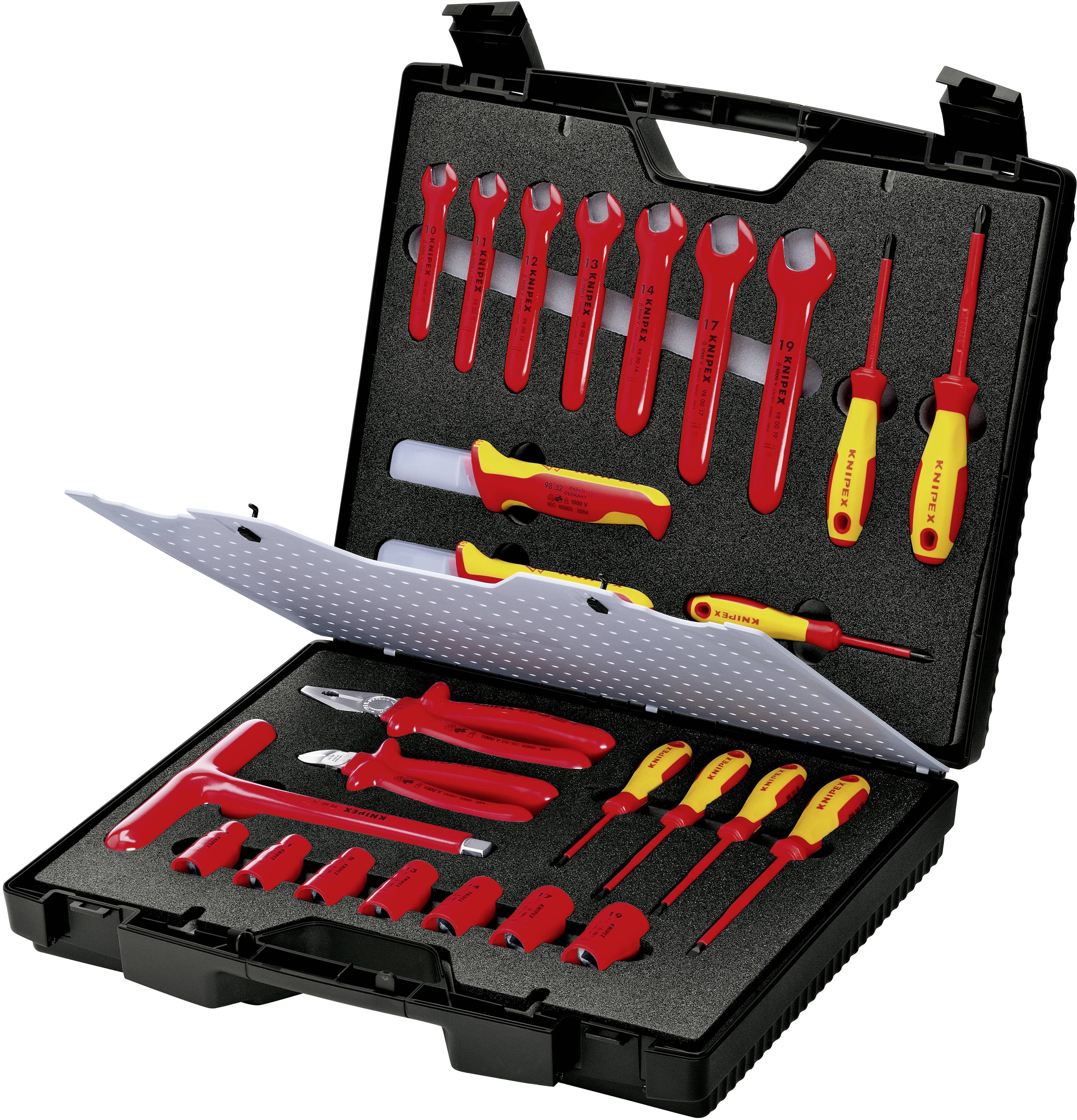 A black toolbox reveals a variety of red and yellow insulated hand tools, including screwdrivers and pliers.