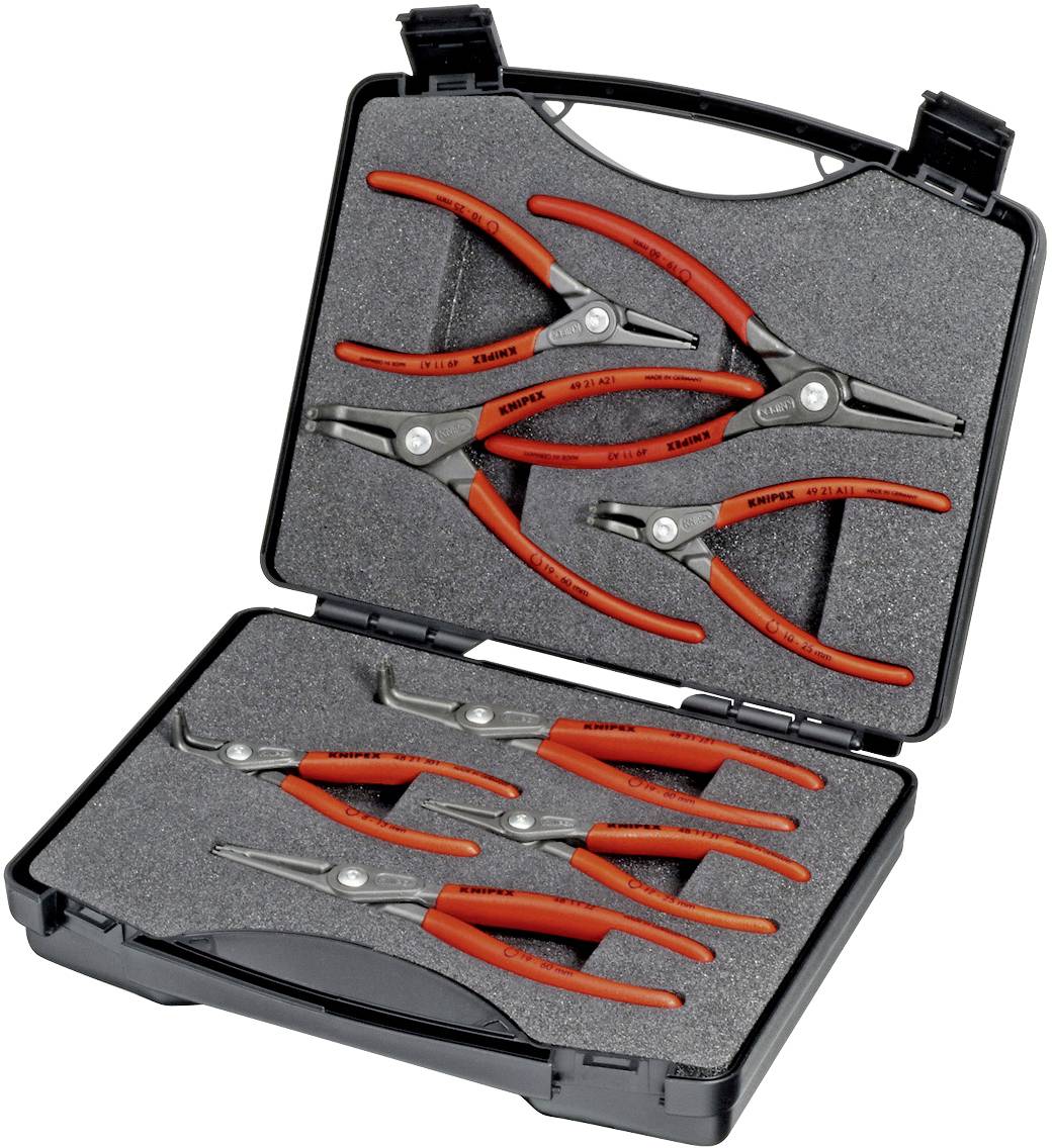 An open toolbox contains eight red circlip pliers, neatly arranged in a shaped foam insert.