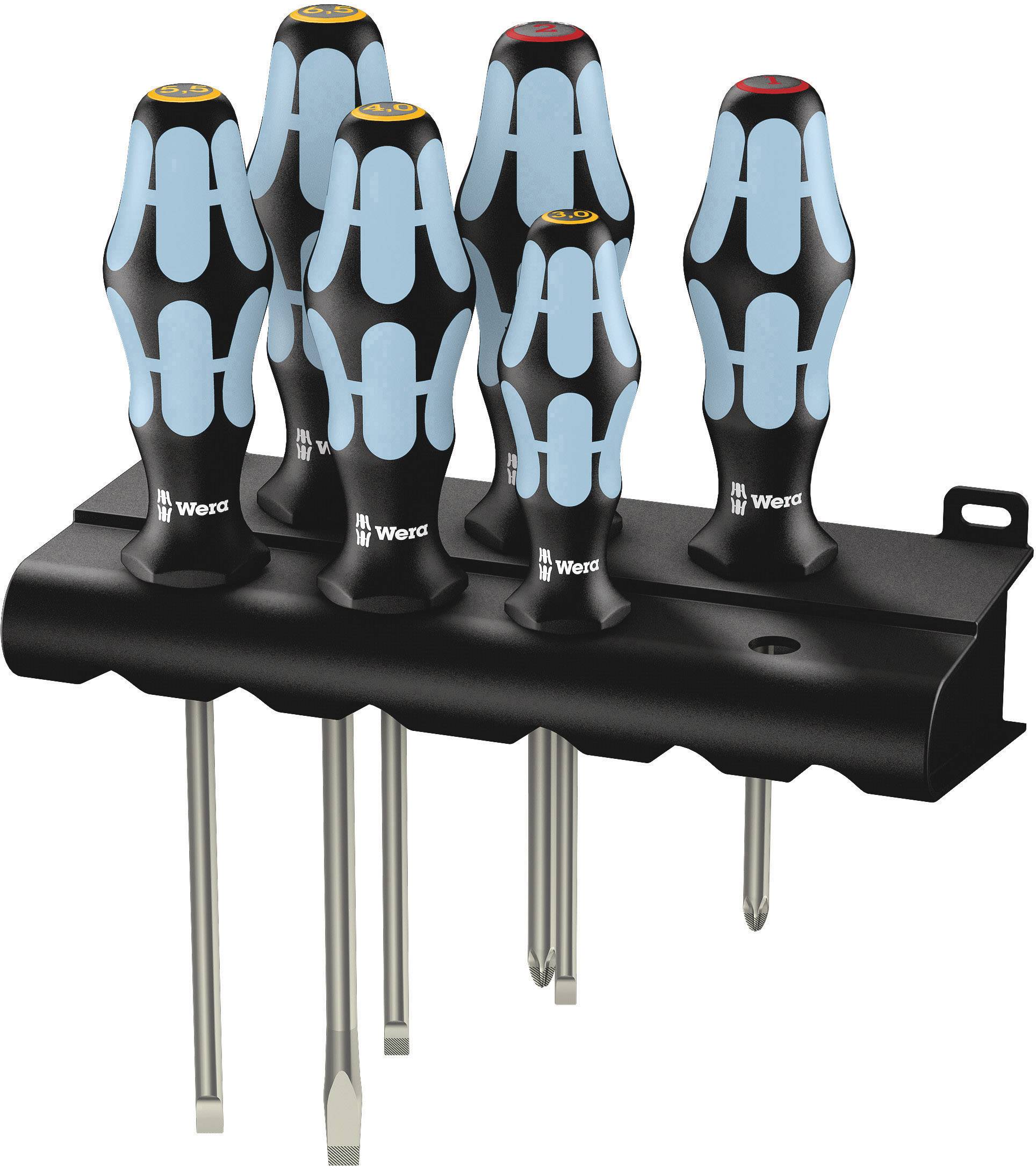Six-piece screwdriver set in a black holder, with ergonomic handles in blue and black.