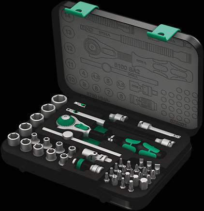 Toolkit with ratchet, socket spanners, bits and extensions in an open case, with foam lining above.