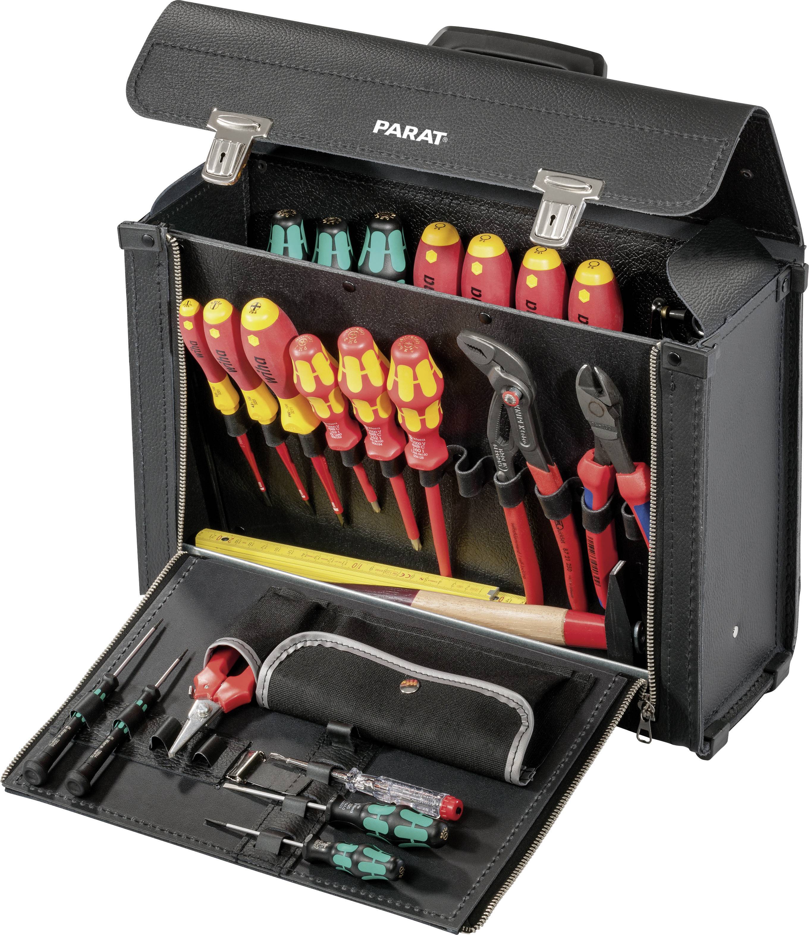 An open toolbox with various screwdrivers, pliers, and a tape measure. Everything is neatly arranged.