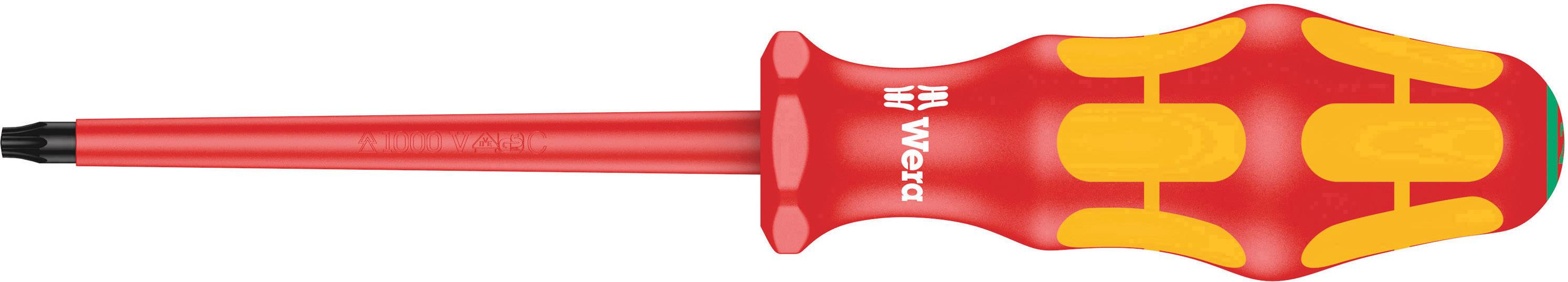 An isolated screwdriver with a red handle and yellow markings, suitable for electrical work.