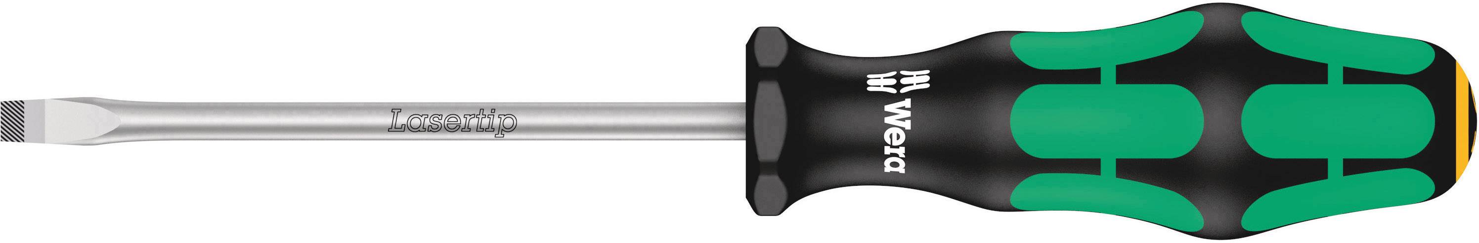 Flathead screwdriver with an ergonomic handle, designed in green and black, with brand name on the handle.