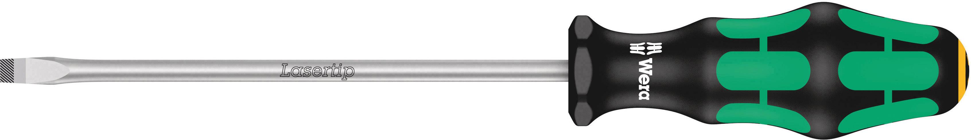 A screwdriver with a green and black ergonomic handle, with 'Lasertip' printed on the side, by the Wera brand.