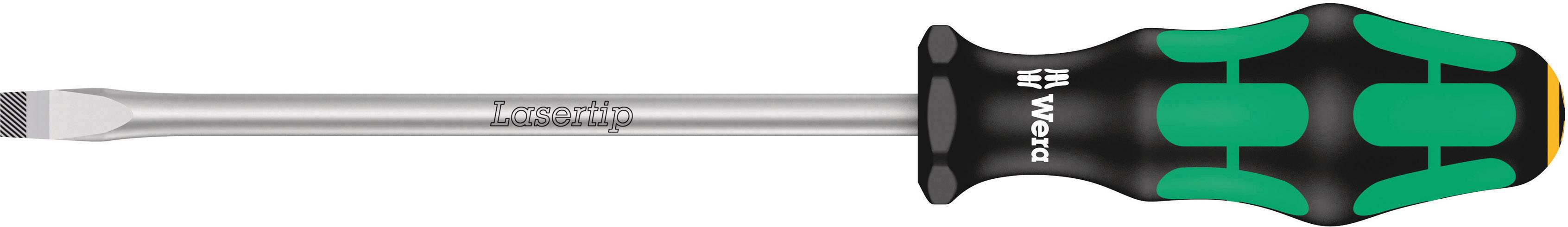 Flat-head screwdriver with a green and black handle, marked with 'Lasertip'.