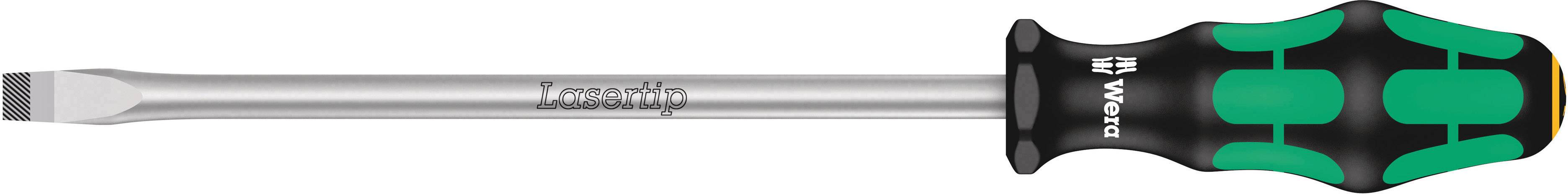 A flat-bladed screwdriver with a black and green ergonomic handle. 'Lasertip' marking on the shaft.