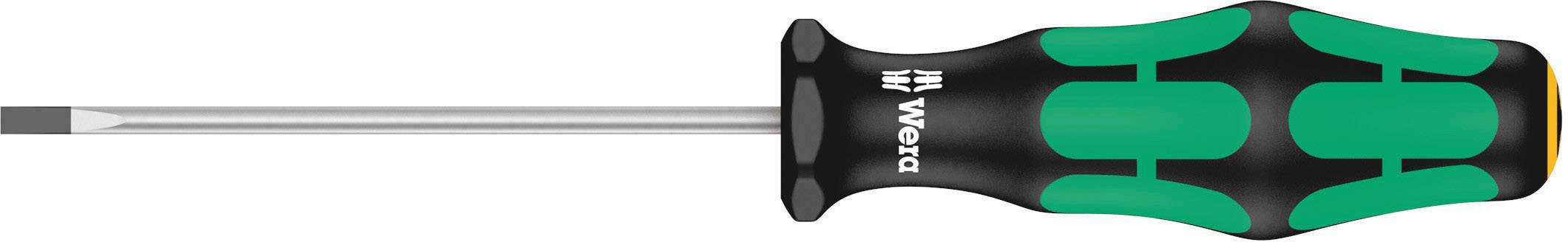 Screwdriver with ergonomic handle, black and green design, suitable for slotted screws.