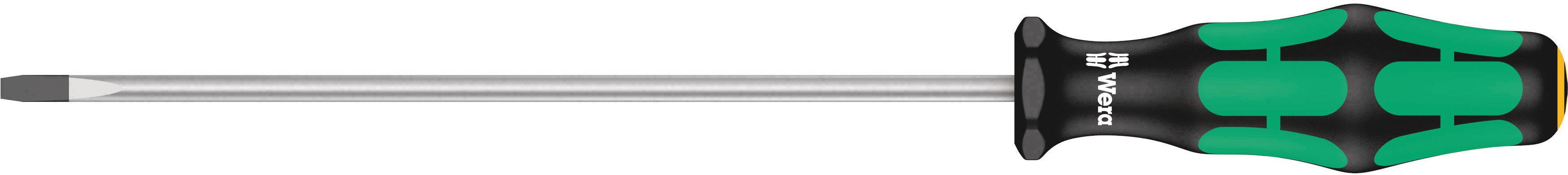 A screwdriver with a black and green ergonomic handle and a long, narrow metal blade for cross-head screws.