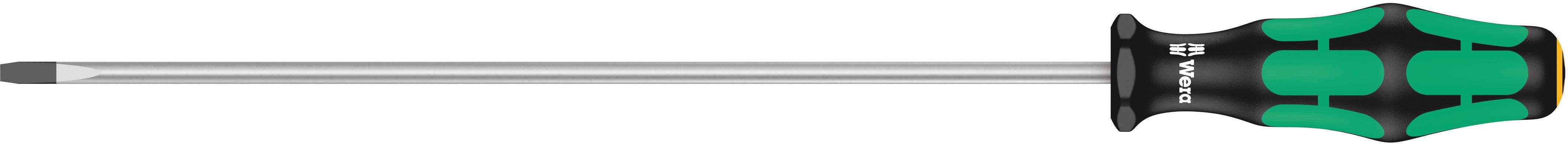 Screwdriver with green and black handle and long, narrow blade, side view.
