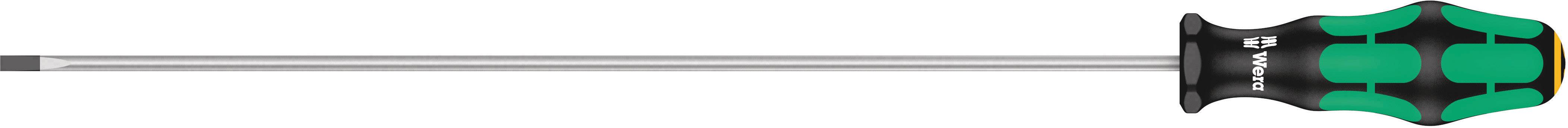 Screwdriver with a green and black handle and a long, slender blade, suitable for screw work in hard-to-reach areas.