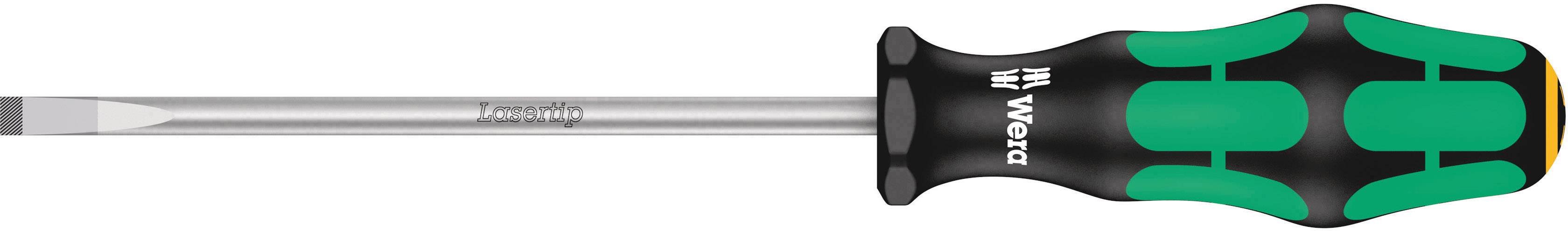 Screwdriver with a green and black, ergonomic handle and flat blade, suitable for basic screw-related tasks. Brand logo visible.