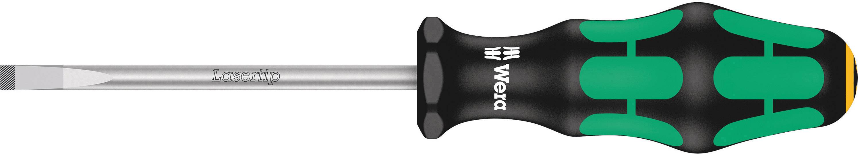 Screwdriver with a green and black handle and a flat blade, suitable for slotted screws.