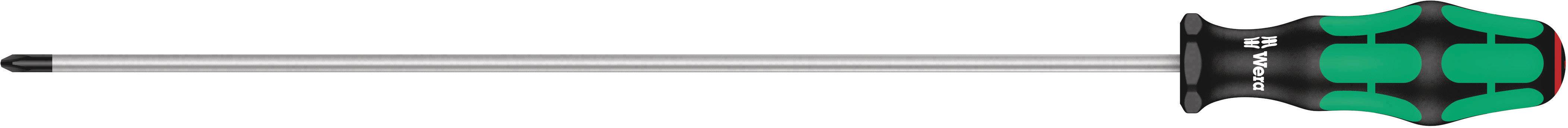 Long screwdriver with a green and black handle, suitable for deep-set screws and hard-to-reach areas.