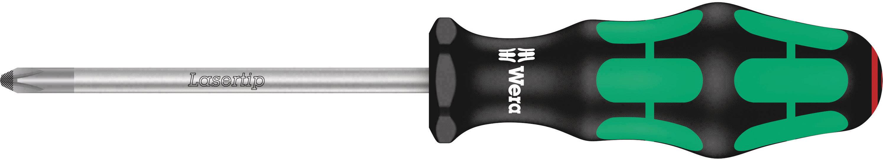 A cross-head screwdriver with a black handle and green pattern, Wera brand, lying down, shows the handle shape and tip.