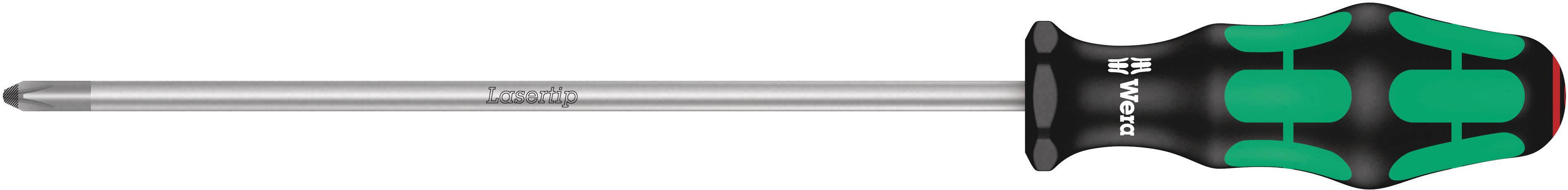 Phillips screwdriver with ergonomic handle, black and green, long metal shaft. Suitable for precise screw work.