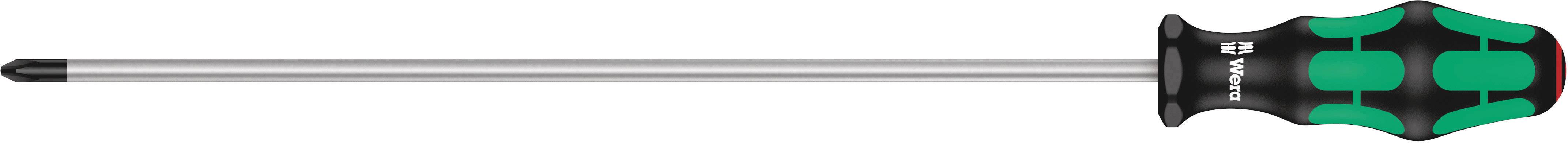Phillips screwdriver with a long, slender metal shaft and an ergonomic, green plastic handle for improved grip.