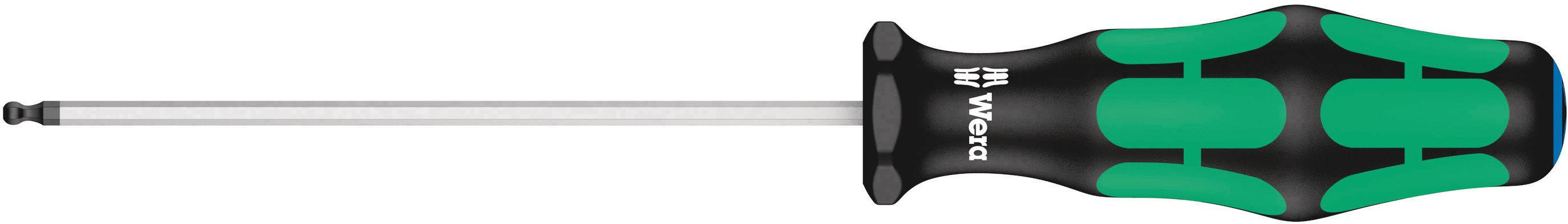 Screwdriver with ergonomic handle in black and green, 'Wera' brand name on the handle, long metallic shaft.
