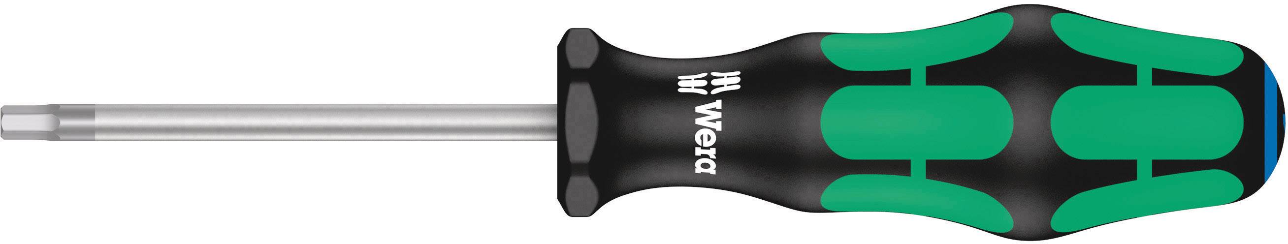 Screwdriver with a black handle and green details, silver metal screwdriver tip, Wera logo on the handle.