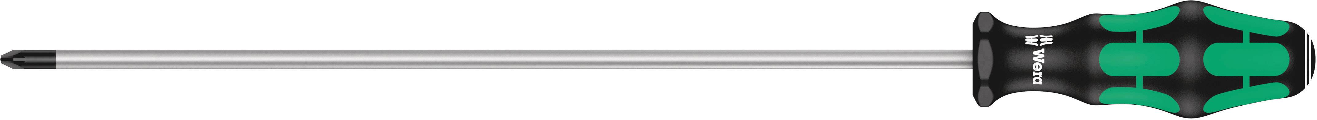 Screwdriver with green handle and long, thin blade. Suitable for cross-head screws.