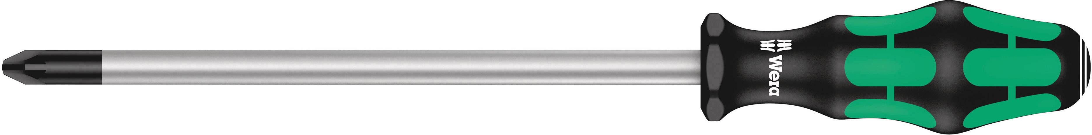 Screwdriver with a green and black handle and a long, silver shaft, suitable for cross-head screws.