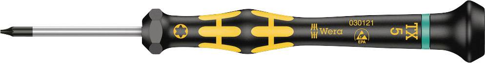 Screwdriver with a black handle, yellow markings and labels. Suitable for precise work with small screws.