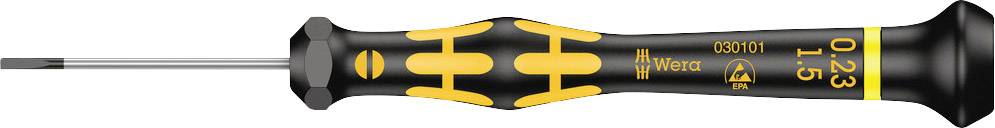 Black and yellow screwdriver with a narrow tip, ergonomic handle with non-slip indentations. Brand logo and size '0.23x1.5' printed on the side.
